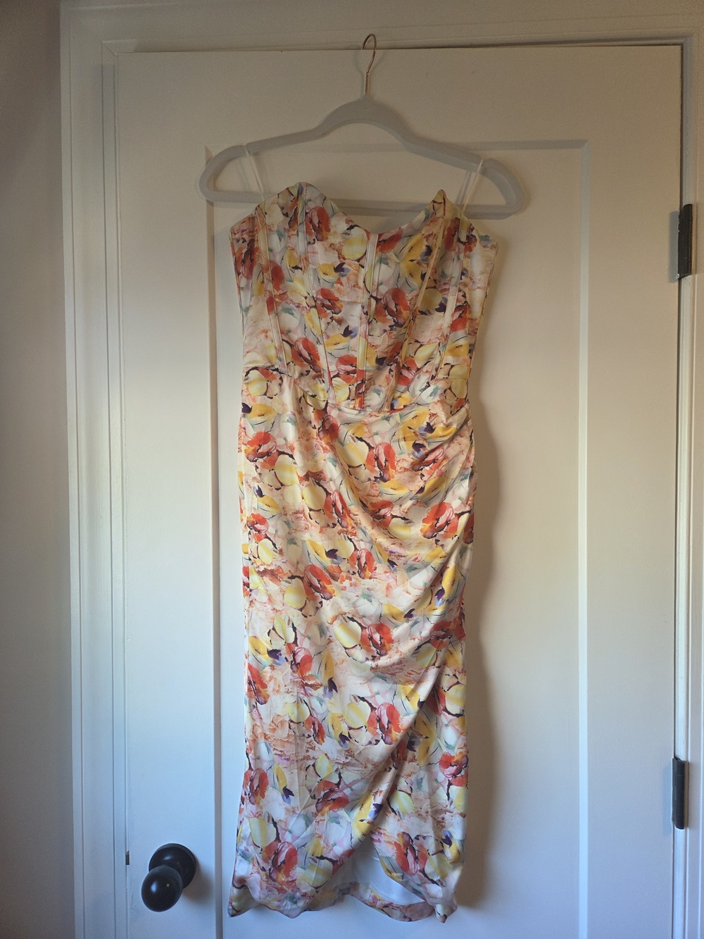 Bardot Strapless Floral Ruched Sheath Dress in Yellow, Orange & Pink